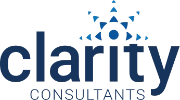 Clarity Consultants logo with the word "clarity" in large blue letters, "CONSULTANTS" below it, and a blue abstract geometric design above the text.