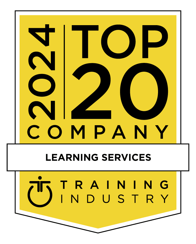 Yellow badge with "2024 Top 20 Company" and "Learning Services" text, awarded by Training Industry.