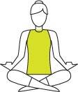 Line drawing of a person with hair in a bun, wearing a sleeveless top, sitting cross-legged in a meditation pose with hands resting on knees.