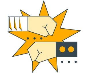 Two fists, one with a white sleeve and one with a black sleeve, punch each other in front of an orange burst graphic.