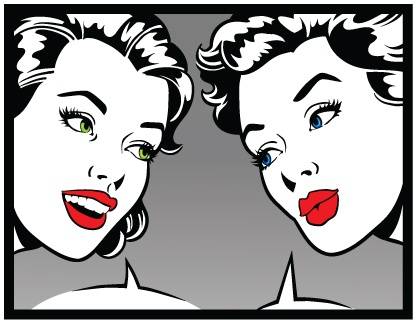 Two women with red lips and styled hair are facing each other, with speech bubbles below, in a pop art style illustration on a gray background.