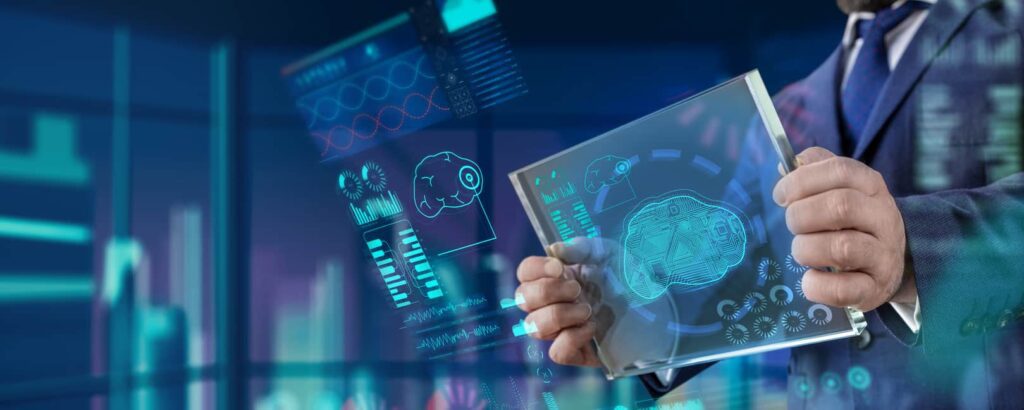 A person in a suit holds a transparent tablet displaying digital brain graphics and data charts, with more data visualizations in the blue-toned background.