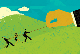 Illustration of three businesspeople pulling on a rope that is being held back by a large hand, set against a grassy landscape with clouds.