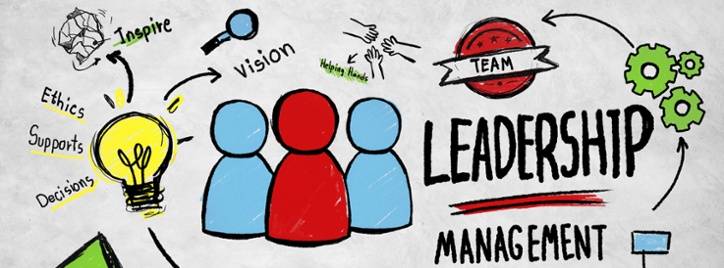 Illustration depicting concepts of leadership and management with icons of people, gears, a lightbulb, and keywords such as vision, ethics, support, and teamwork.