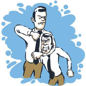 Illustration of a man removing a mask of an angry face, revealing his real, calmer face underneath, against a blue abstract background.
