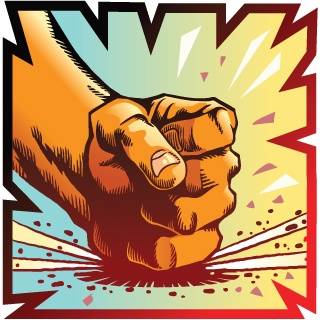 A cartoon-style illustration of a clenched fist slamming down onto a surface, creating a burst effect with lines and debris.