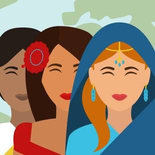 Illustration of three women with diverse skin tones and cultural clothing, standing side by side and smiling, against a simple green and beige background.