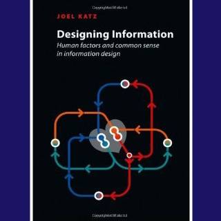 Book cover for "Designing Information" by Joel Katz, featuring intersecting colored arrows and circles on a black background with white title text.