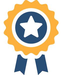 Illustration of a yellow award ribbon with a star in the center and two blue streamers hanging below.