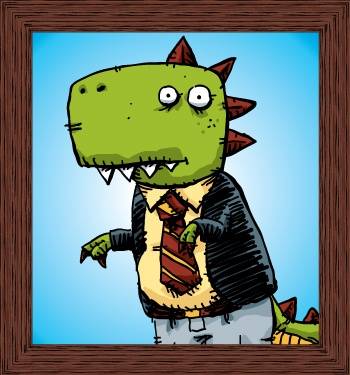Cartoon illustration of a green dinosaur wearing a suit, tie, and pants, set against a blue background and framed with a wooden border.
