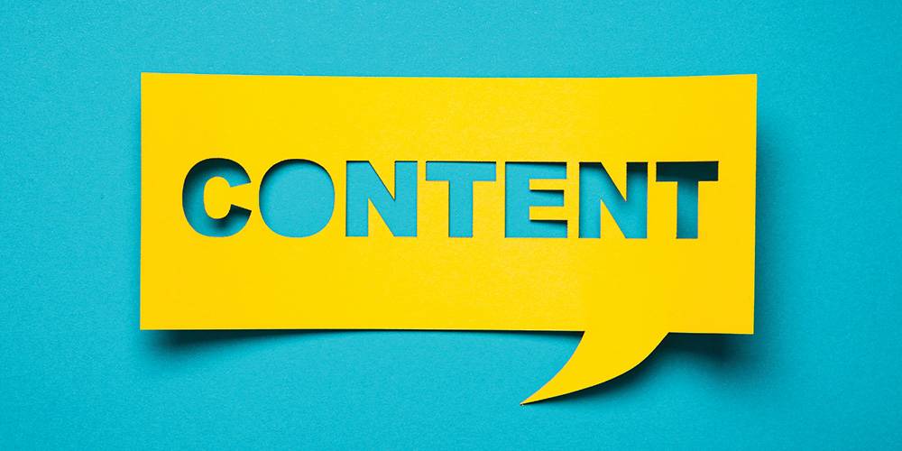 A yellow speech bubble with the word "CONTENT" cut out sits on a blue background.