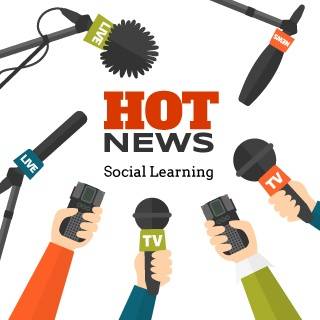 Illustration of hands holding microphones labeled LIVE, TV, and NEWS around the words "HOT NEWS Social Learning," with overhead microphones also visible.