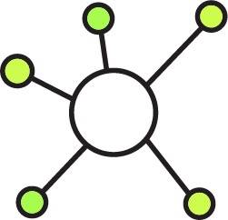 A central circle with six lines extending outward, each ending in a smaller, light green circle.