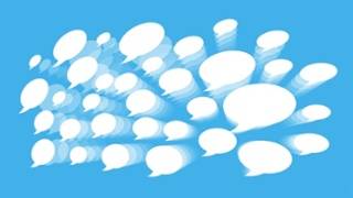 White speech bubbles of various sizes appear to be moving diagonally across a blue background, creating a sense of motion and communication.
