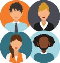 Illustration of four diverse business professionals, each in a circular frame, wearing professional attire.