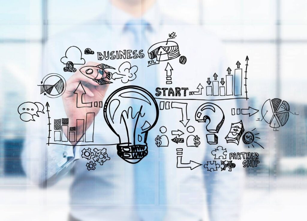 A person in business attire draws business-related sketches and charts, including a lightbulb, graphs, and partnership icons, on a transparent screen.