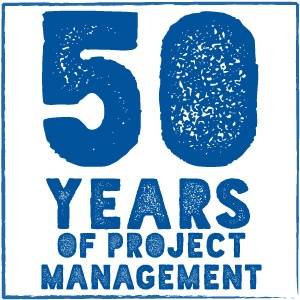 Blue graphic with bold text reading "50 Years of Project Management" inside a square border.