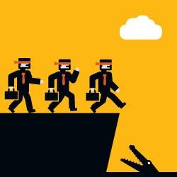 Three blindfolded people in suits walk off a cliff toward an open-mouthed crocodile, holding briefcases, against a yellow background with a white cloud.
