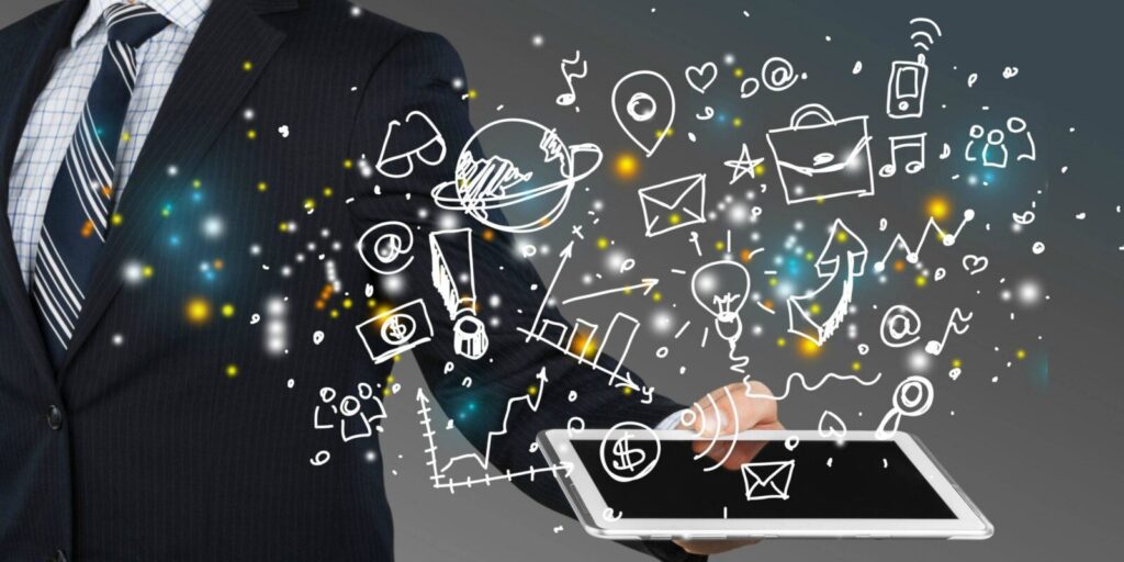 A person in a business suit holding a tablet with digital icons and graphics representing communication, data, and technology floating above the device.
