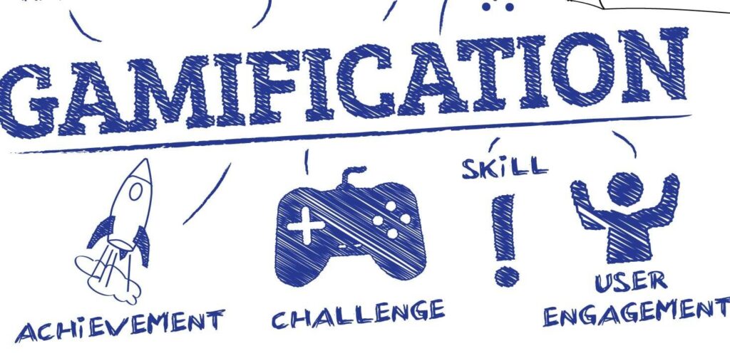The word "Gamification" is shown above icons representing achievement (rocket), challenge (game controller), skill (exclamation mark), and user engagement (person with raised arms).