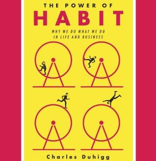 Book cover for "The Power of Habit" by Charles Duhigg, featuring four hamster wheels with human figures running or falling inside on a yellow background.