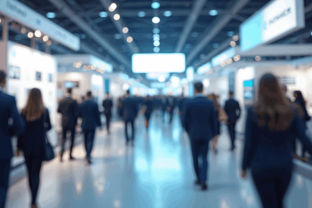 A crowd of people in business attire walks through a brightly lit convention center or trade show with booths on both sides.