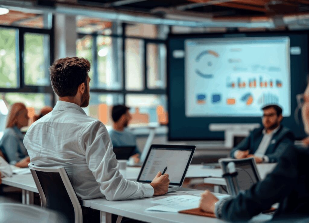 People seated at desks in a modern office, viewing a presentation with charts and graphs displayed on a large screen at the front of the room.