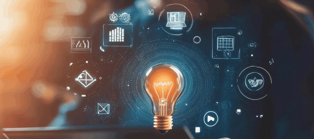 A glowing light bulb in the center, surrounded by digital technology and data icons, symbolizing innovation and ideas in a tech-focused environment.