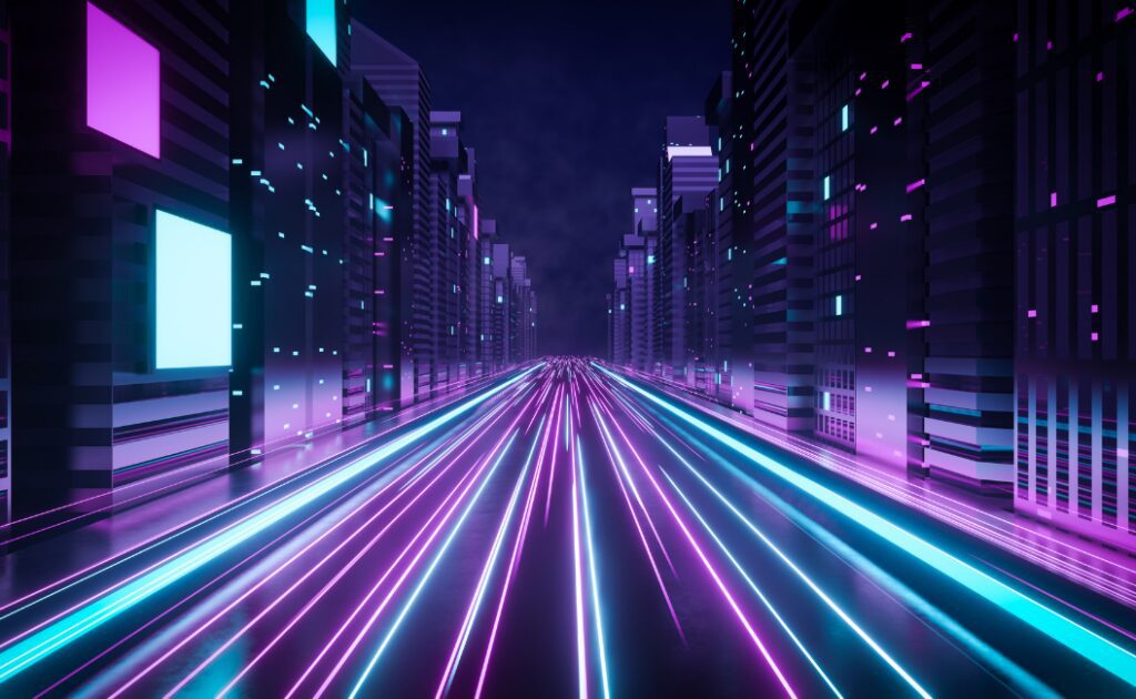 A digital cityscape at night with tall buildings and glowing blue and purple neon lines creating a futuristic, light-trail effect down the center.