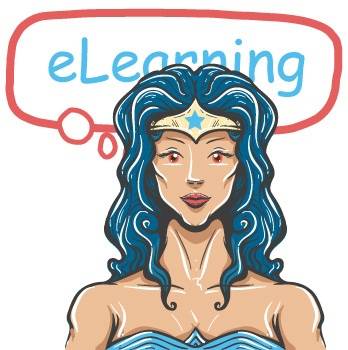 Illustration of a woman in a superhero costume with blue hair, standing in front of a speech bubble that says "eLearning.