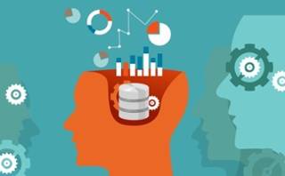 Illustration of a head with charts, graphs, and a database inside, symbolizing data analysis or artificial intelligence, with gears and silhouettes in the background.