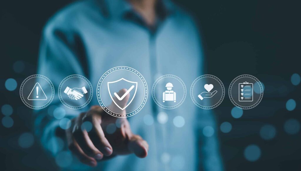 Work Safety and Compliance Concept, Safety First, A person with work safety and compliance icons, including a shield, hard hat, checklist, workplace safety, health protocols, and regulatory compliance