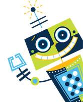 Cartoon robot with a square head, large round eyes, a wide smile, and a raised arm, featuring geometric patterns and bright green, blue, and yellow colors.