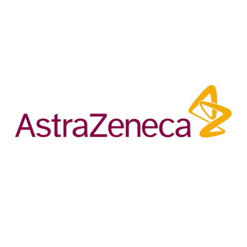 AstraZeneca logo featuring the company name in purple text with a yellow abstract symbol on a white background.