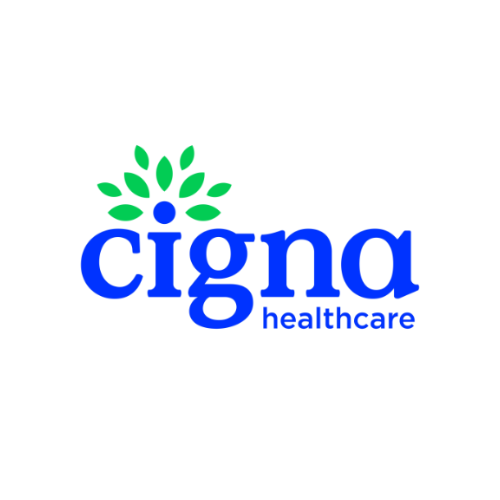 Cigna Healthcare logo with blue text and green leaf design above the letter "i" on a white background.