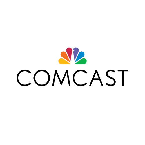 Comcast logo with black text below a colorful peacock fan design on a light gray background.