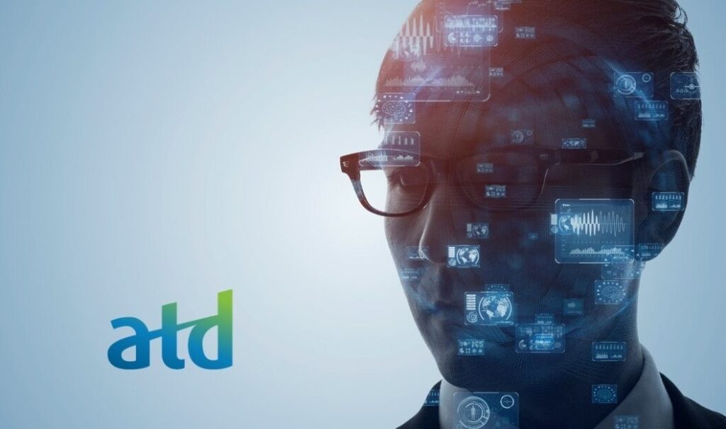 A person’s face in profile with digital data graphics and charts overlaid, next to the “atd” logo on a light blue background.
