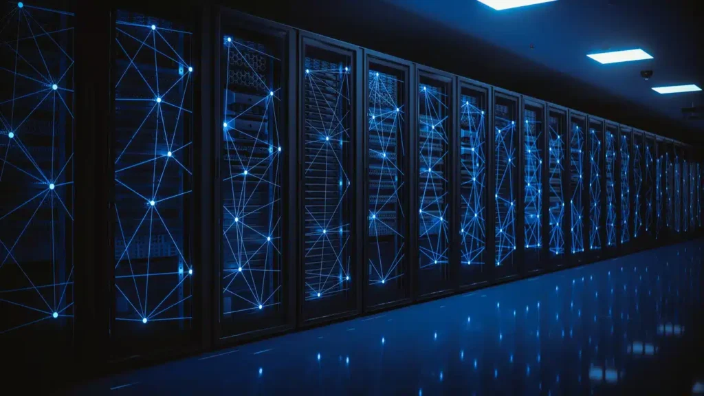 A row of server racks in a data center, illuminated by blue LED lights, with digital network lines and nodes superimposed on the server doors.