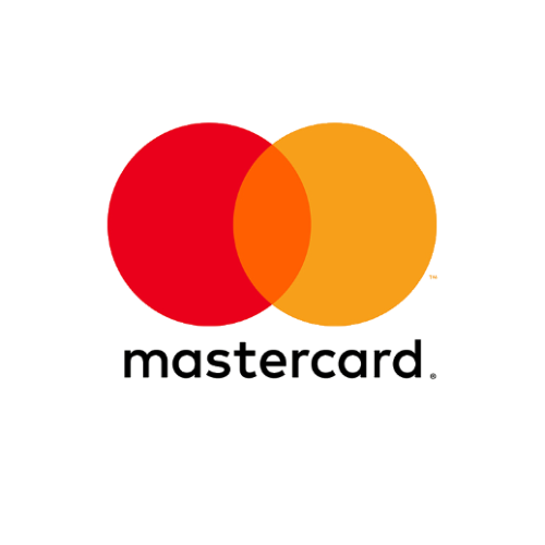 Mastercard logo with two overlapping circles, one red and one orange, above the word "mastercard" in lowercase black letters.