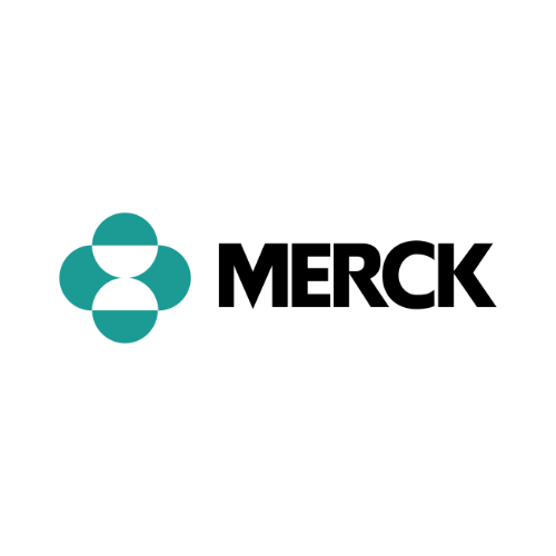 Merck logo featuring a teal geometric emblem next to the word "MERCK" in bold black capital letters on a light gray background.