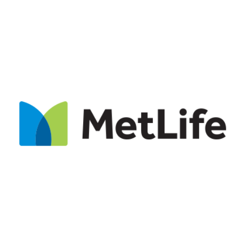 MetLife logo featuring a split blue and green abstract shape to the left of the black text "MetLife" on a light background.
