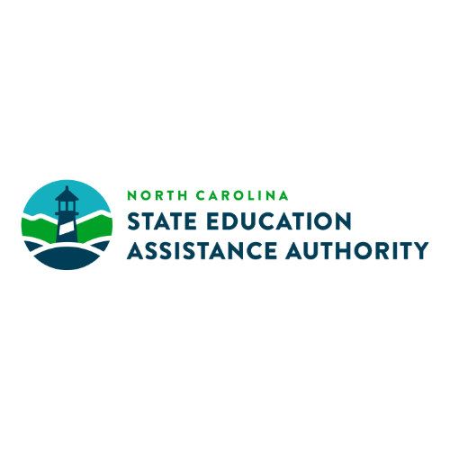 Logo of the North Carolina State Education Assistance Authority featuring a lighthouse and mountains, with the organization's name in green and blue text.