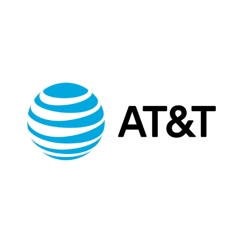 AT&T logo featuring a blue and white striped globe symbol next to the text "AT&T" in black letters on a white background.