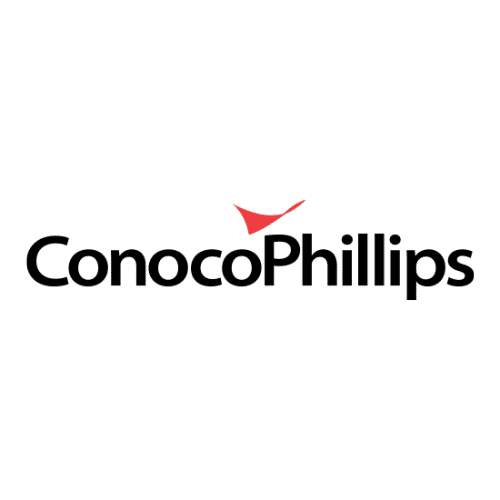 ConocoPhillips logo featuring the company name in black text with a small red swoosh above the "o" and "P" on a light gray background.