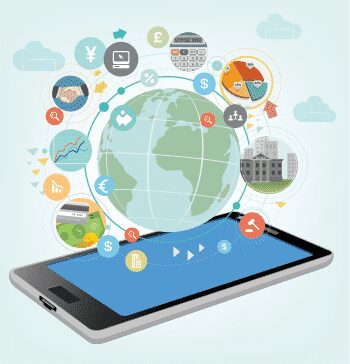 A smartphone displays a globe with financial, business, and communication icons circling around it, symbolizing global digital connectivity.