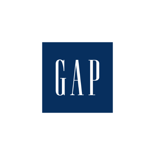 Navy blue square with the word "GAP" in white, tall capital letters centered on a plain light background.