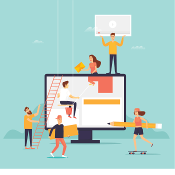 Illustration of people collaboratively working on a large computer screen, holding tools like paint rollers, pencils, and a video player icon.