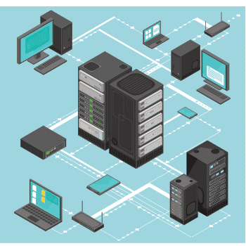 Isometric illustration of a computer network with servers, desktops, laptops, routers, and tablets connected by lines on a blue background.