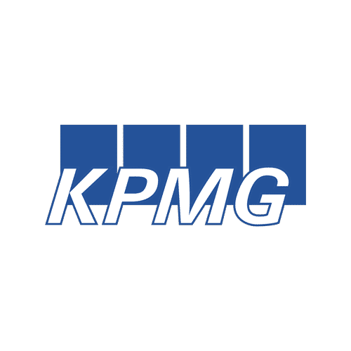KPMG logo featuring bold blue letters "KPMG" in front of four blue rectangular blocks on a white background.