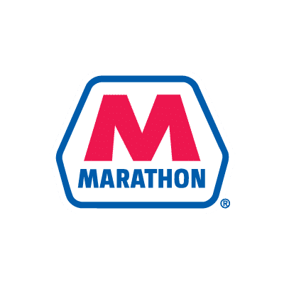 Marathon logo featuring a large red "M" above the word "MARATHON" in blue, set inside a white hexagonal shape with a blue outline.